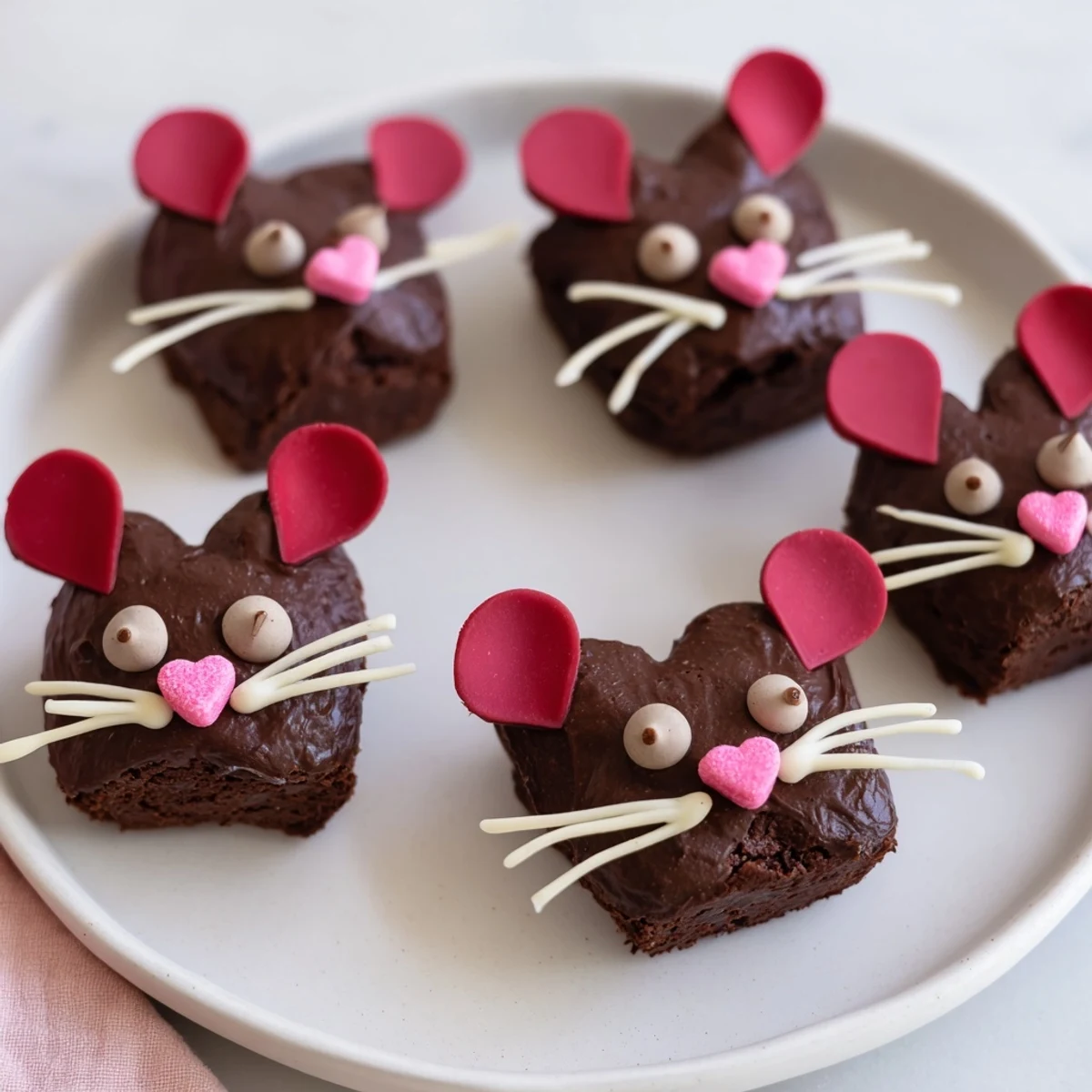 A serving of delightful Silly Rat Cake Brownie Bites, rich, chocolatey, and creatively topped for fun.
