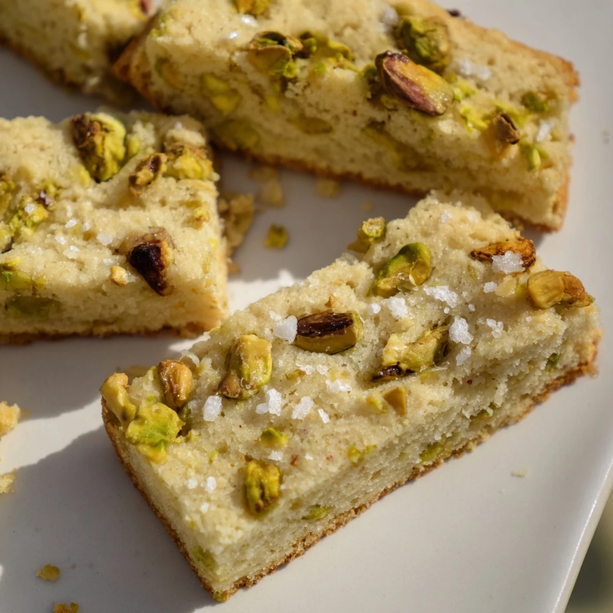 Close-up of freshly baked Salted Pistachio Slice & Bake Shortbread, showing the pistachios and flaky salt.