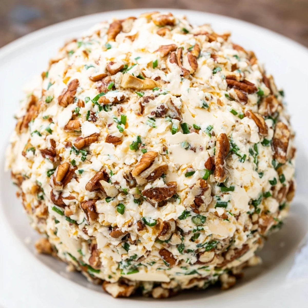 A classic cheese ball with ranch seasoning coated in crunchy pecans, ready for dipping and sharing.
