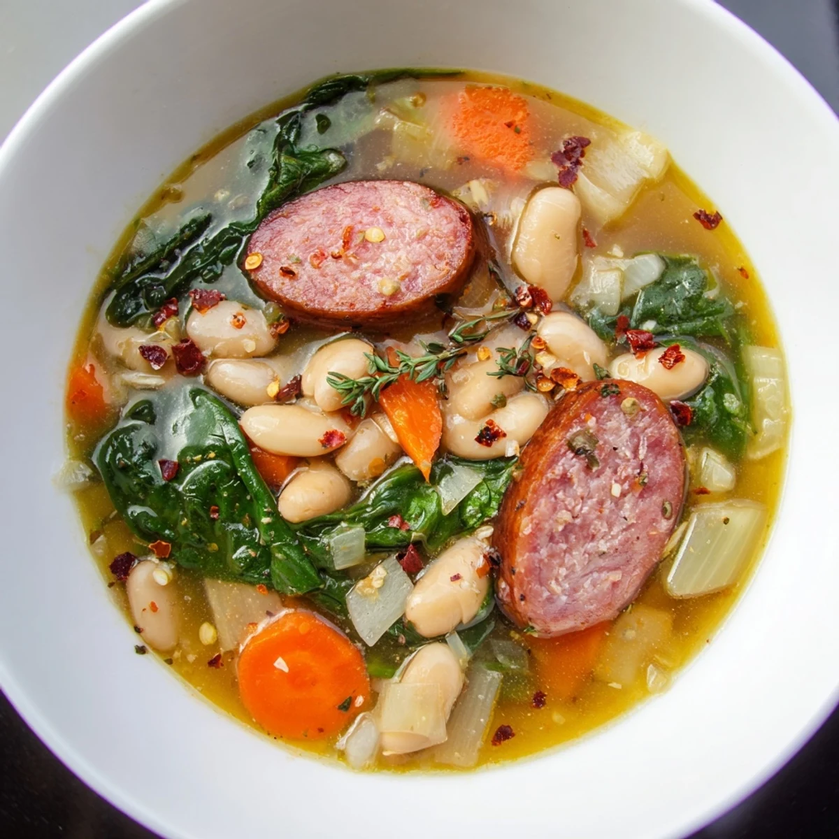 Steaming bowl of Simple Sausage and White Bean Soup with visible sausage, carrots, and white beans.