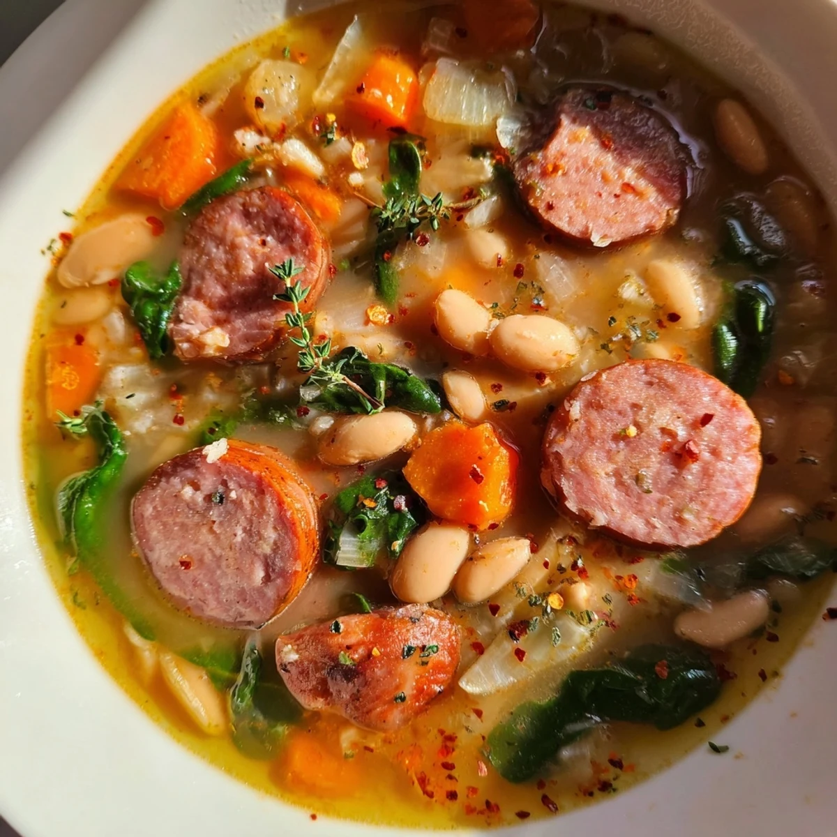 Close-up of hearty Simple Sausage and White Bean Soup, showcasing creamy beans and savory sausage slices.