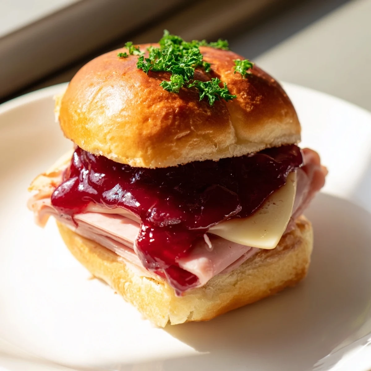 Golden, bubbly Cherry-Glazed Ham and Cheese Slider, showcasing melting cheese and a sweet glaze on top.