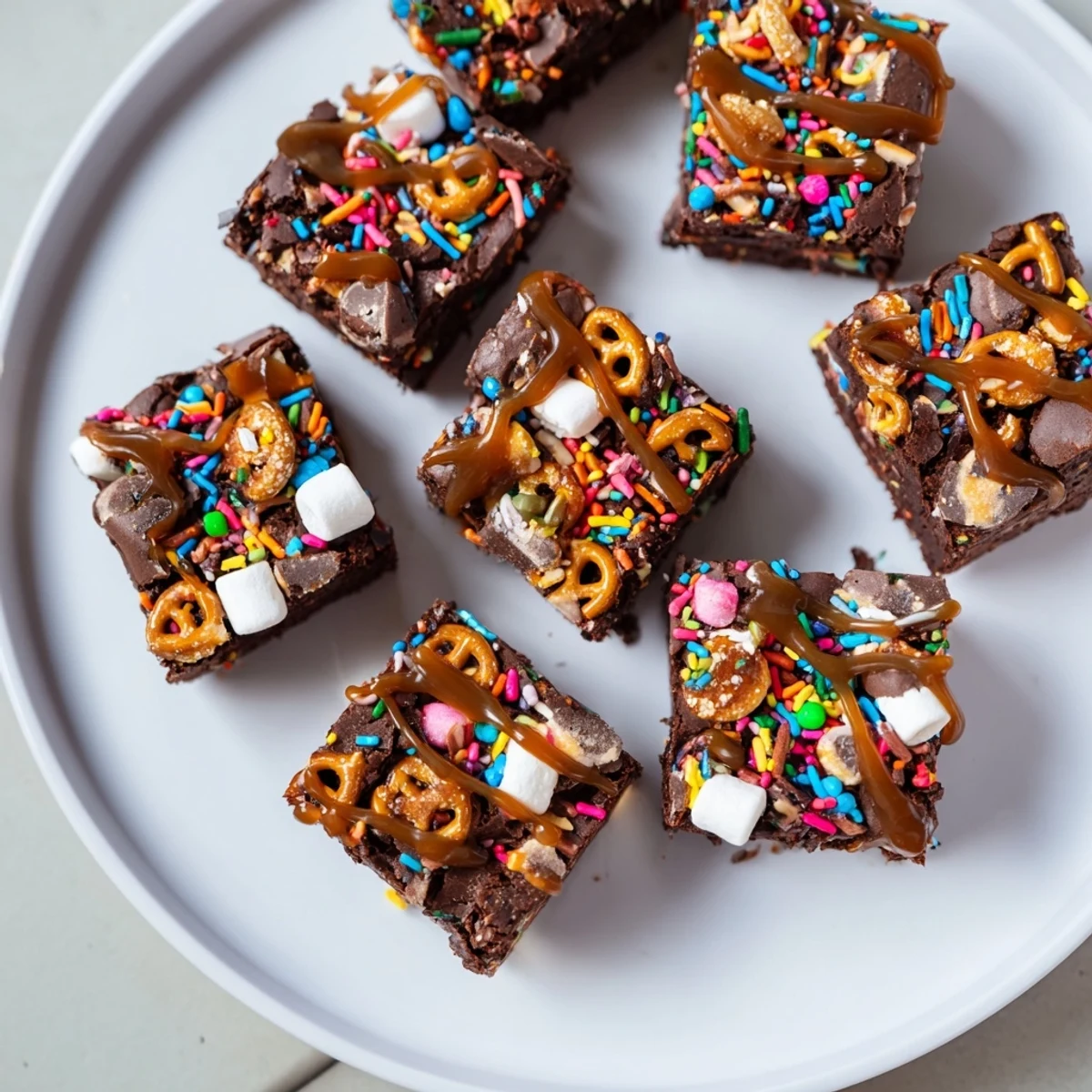 Fudgy Chaos Chocolate Cake Bites covered in colorful sprinkles and mini marshmallows, a delightful treat.
