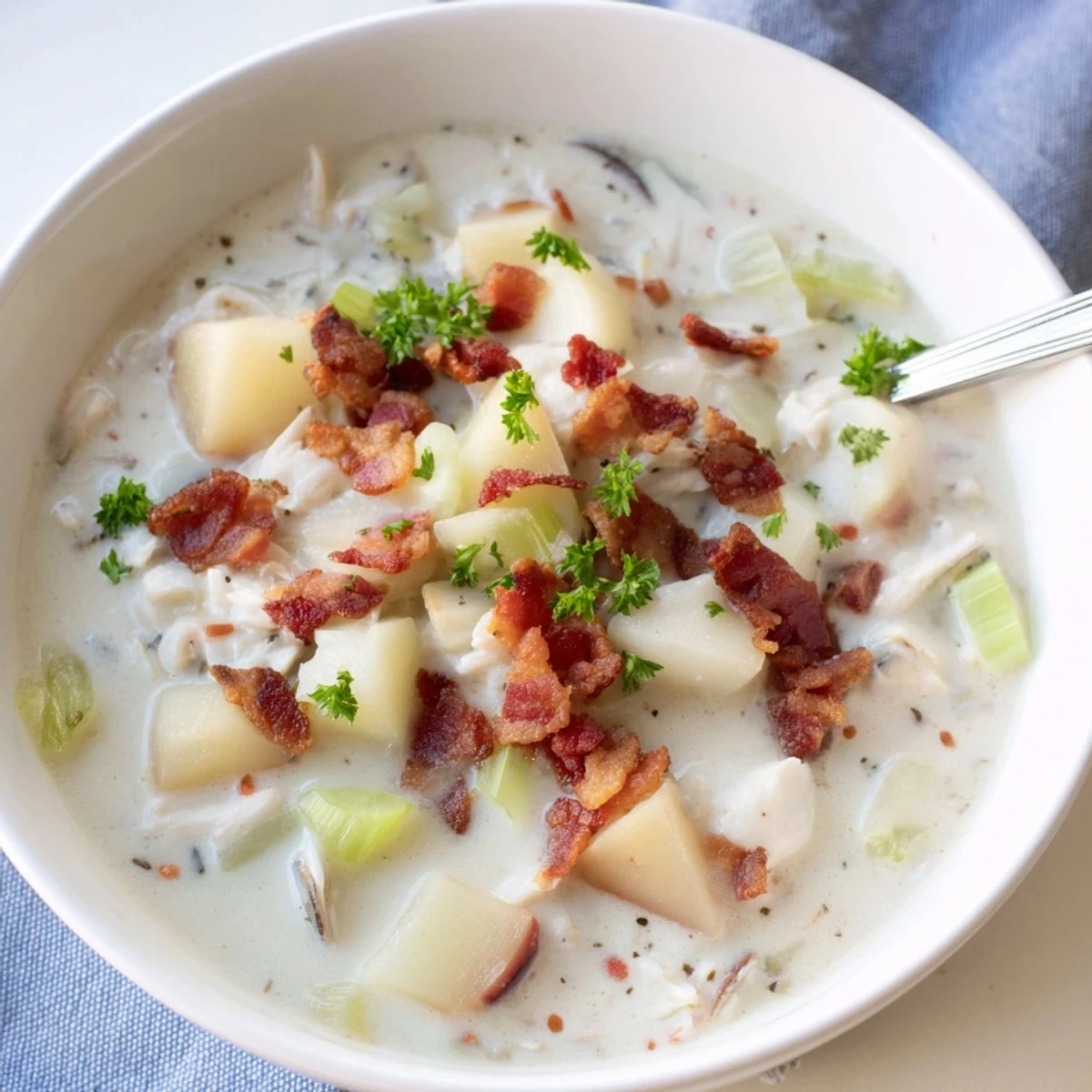 A steaming bowl of New England Clam Chowder, filled with clams, potatoes, and thick creamy broth.