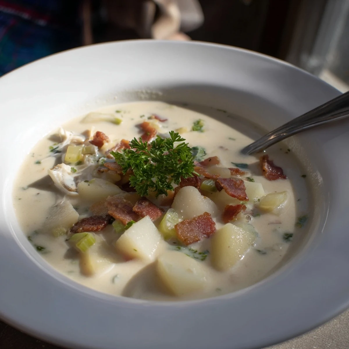 Enjoy a spoonful of hearty New England Clam Chowder, a comforting classic with smoky bacon pieces.