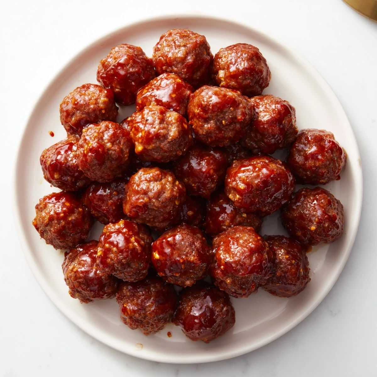 A close-up of delicious Cherry-Glazed Meatballs, vibrant in their red cherry sauce, ready to eat.