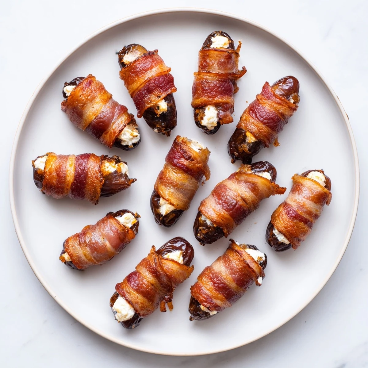 Golden-brown bacon-wrapped dates with melting goat cheese, ready to enjoy as a flavorful snack.
