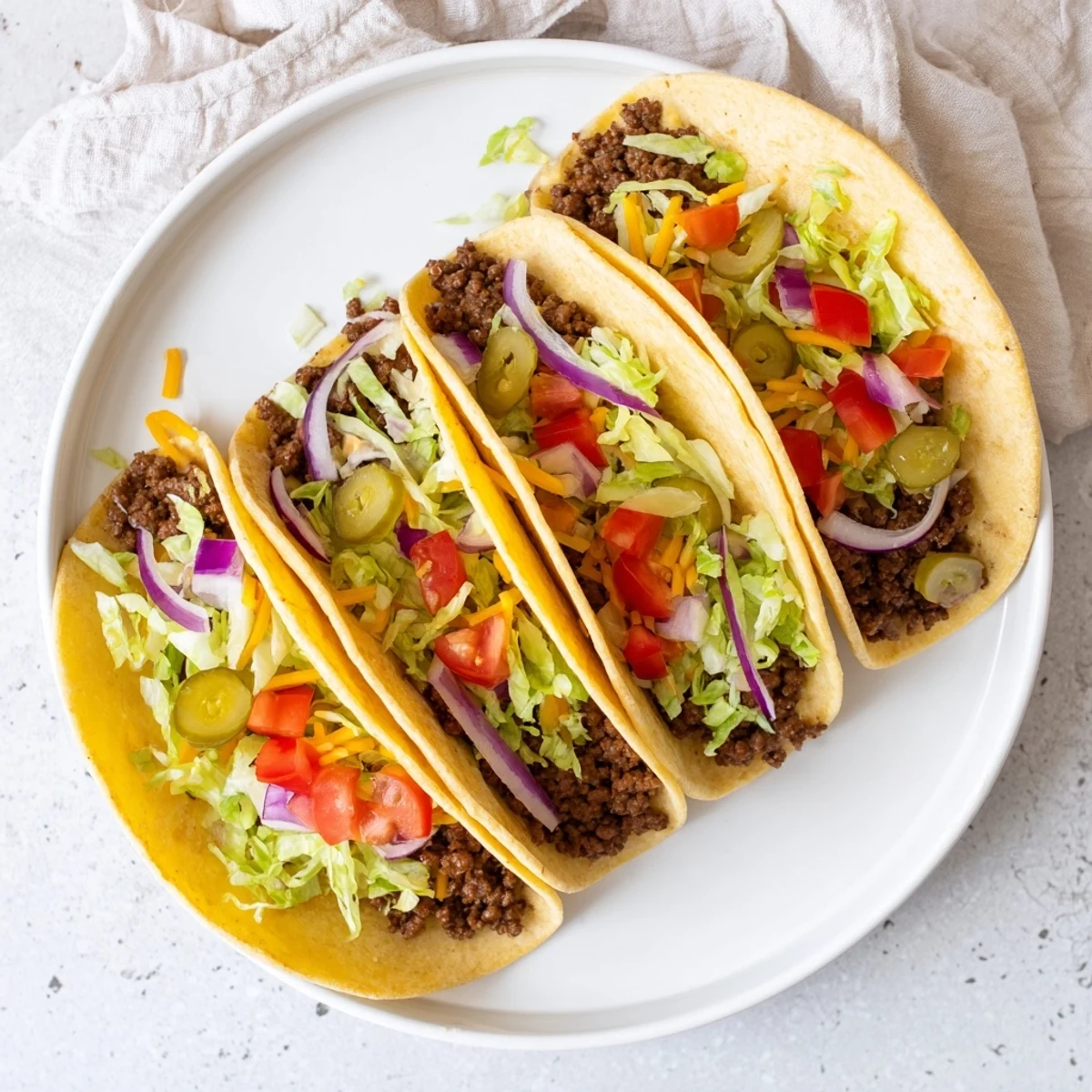 Crispy, melty cheeseburger tacos featuring ground beef filling, served with vibrant fresh vegetables atop.