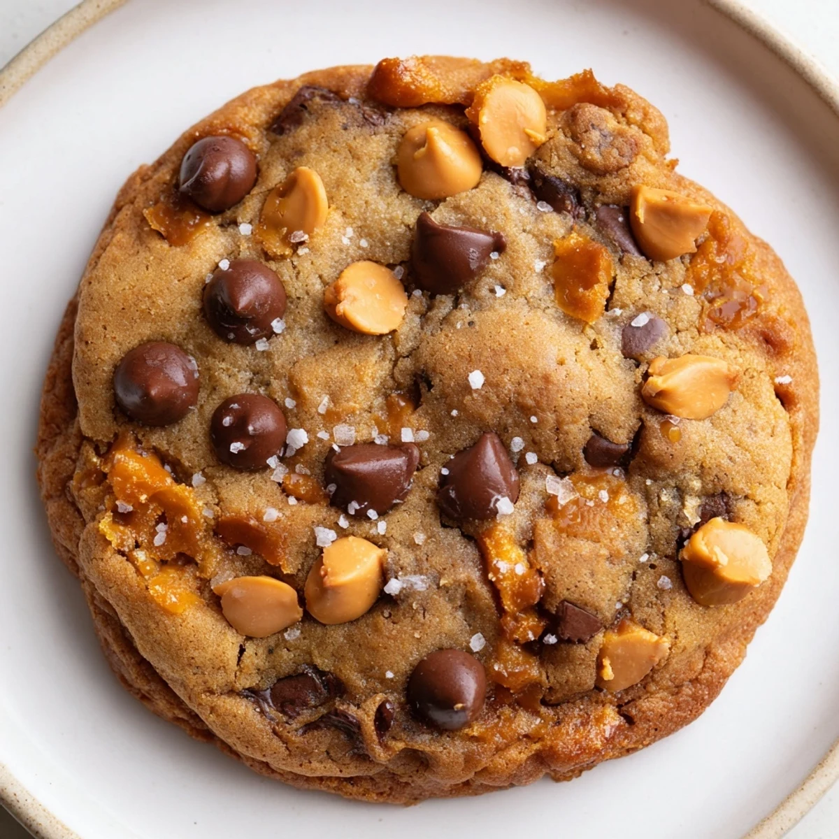 Close-up of freshly baked Best Ever Butterscotch Chocolate Chip Cookies, glistening with sea salt crystals.