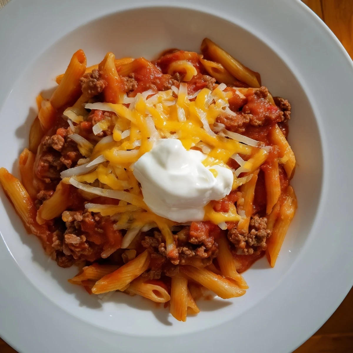 Flavorful Easy Beef Enchilada Pasta, a one-pot meal with ground beef, ready to be served.