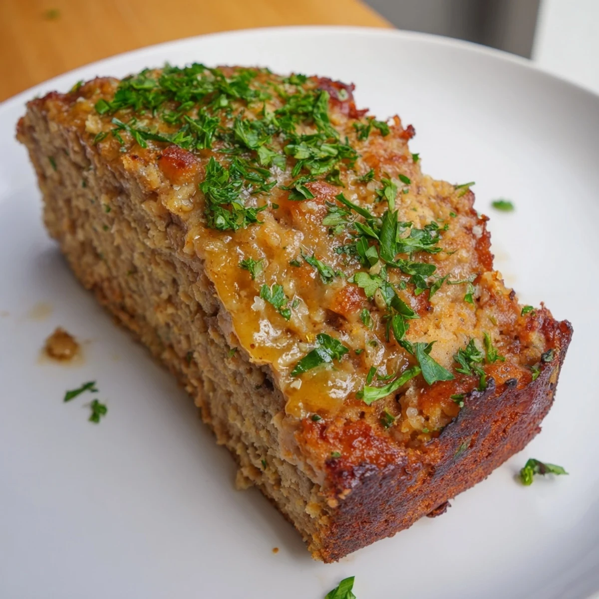 Juicy Garlic Parmesan Chicken Meatloaf, glistening with glaze, ready to serve with fresh parsley.