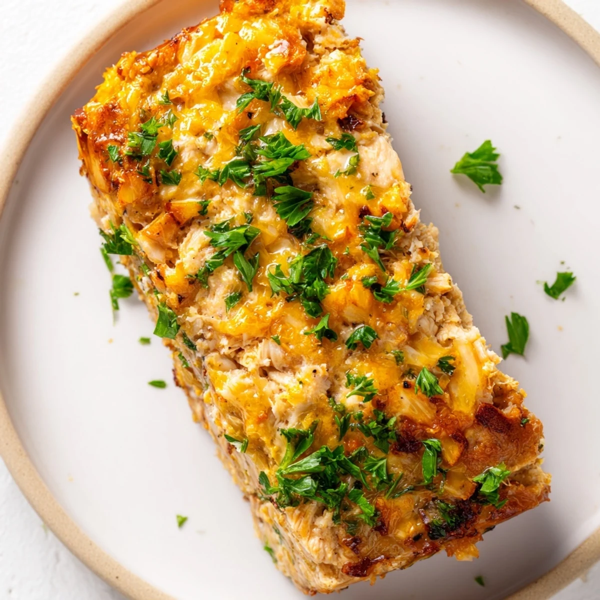 Tender slices of Garlic Parmesan Chicken Meatloaf, bursting with flavor, perfect for a cozy supper.