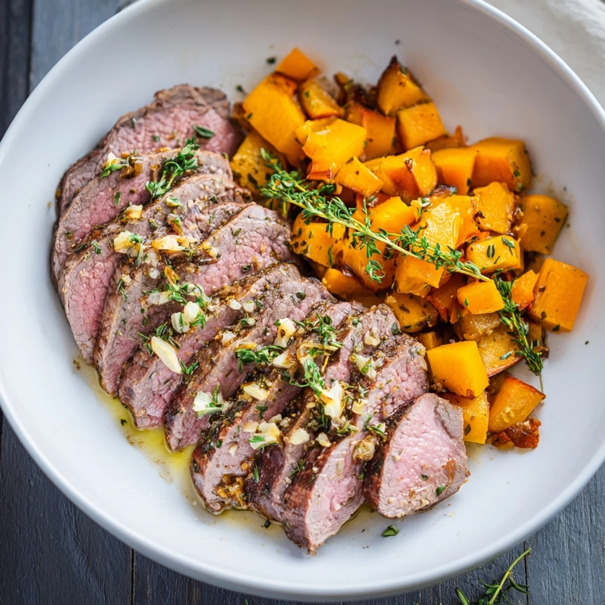 Tender steak slices and vibrant squash make up these fulfilling Butternut Squash & Garlic Herb Steak Bowls.