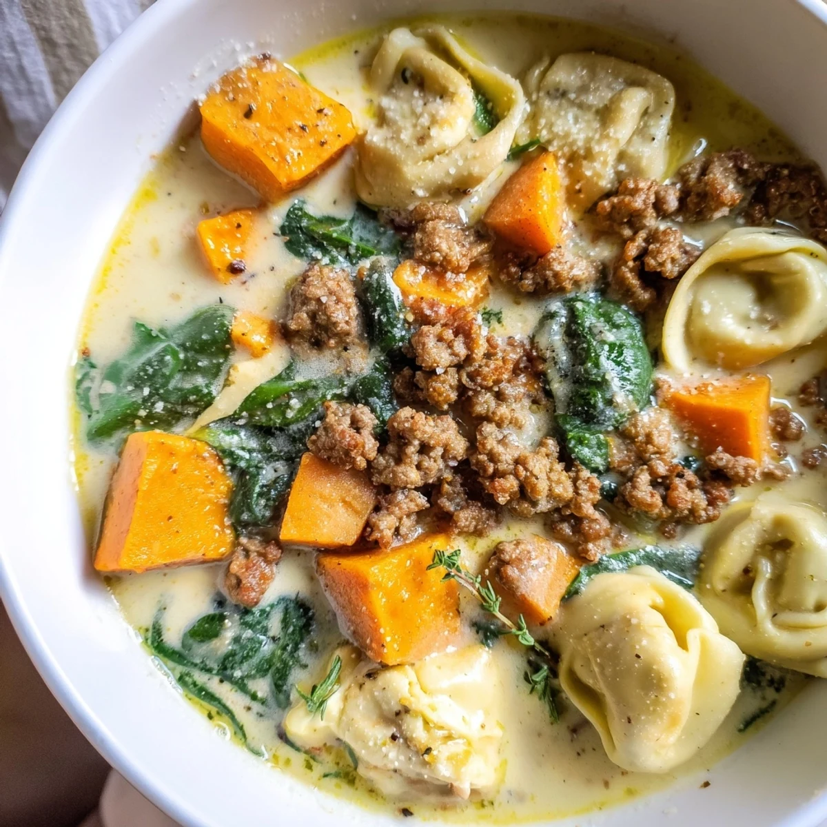 Creamy Sausage Tortellini Soup simmering with sweet potatoes and fresh spinach, a hearty Italian-American delight.