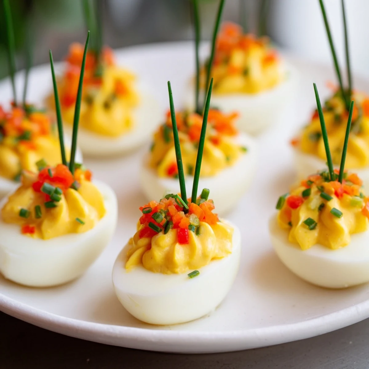 Festive deviled egg ornaments, creamy egg filling topped with vibrant peppers, ready for your holiday party.