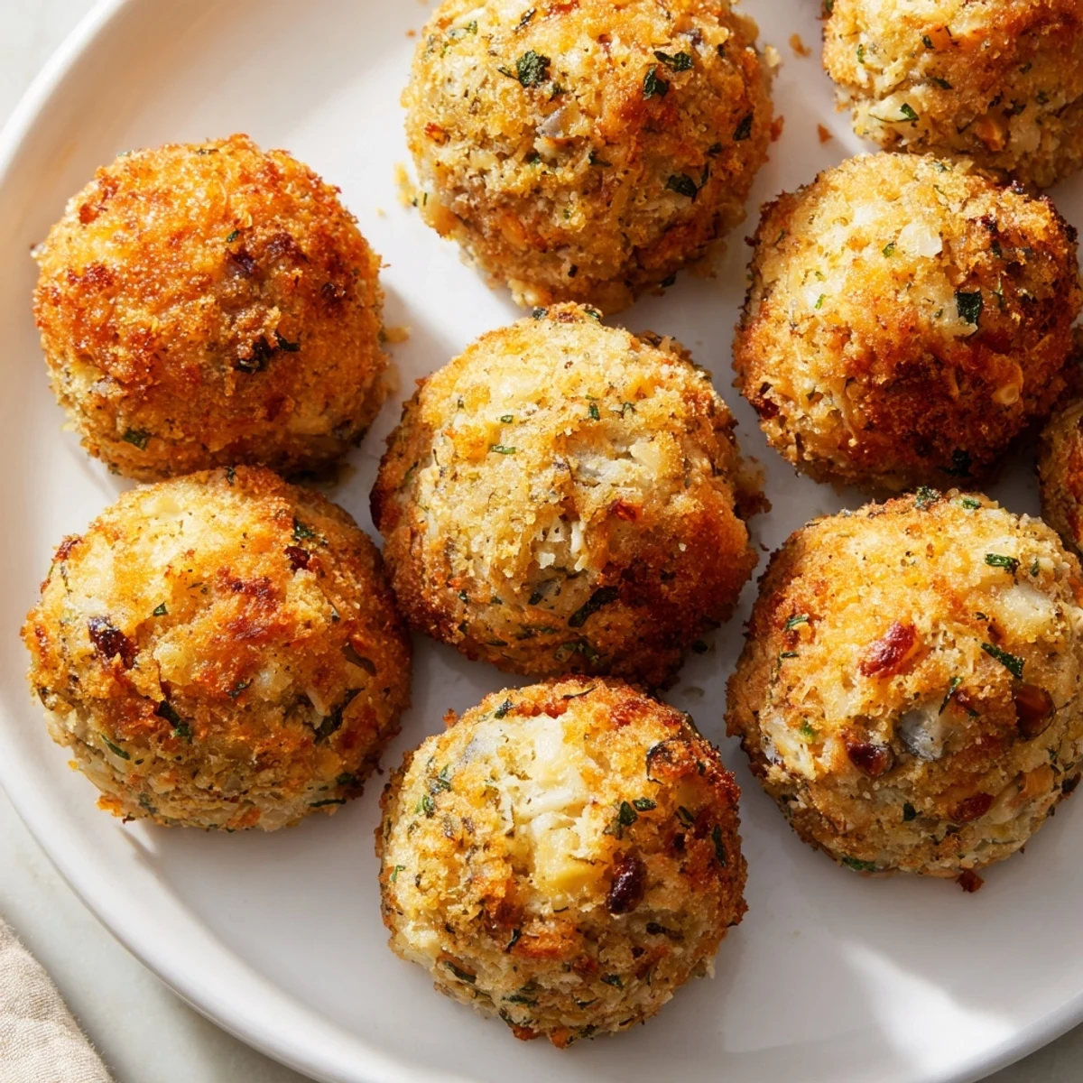 Crispy-edged Quick Christmas Stuffing Balls, infused with herbs, ready to be served as festive side.
