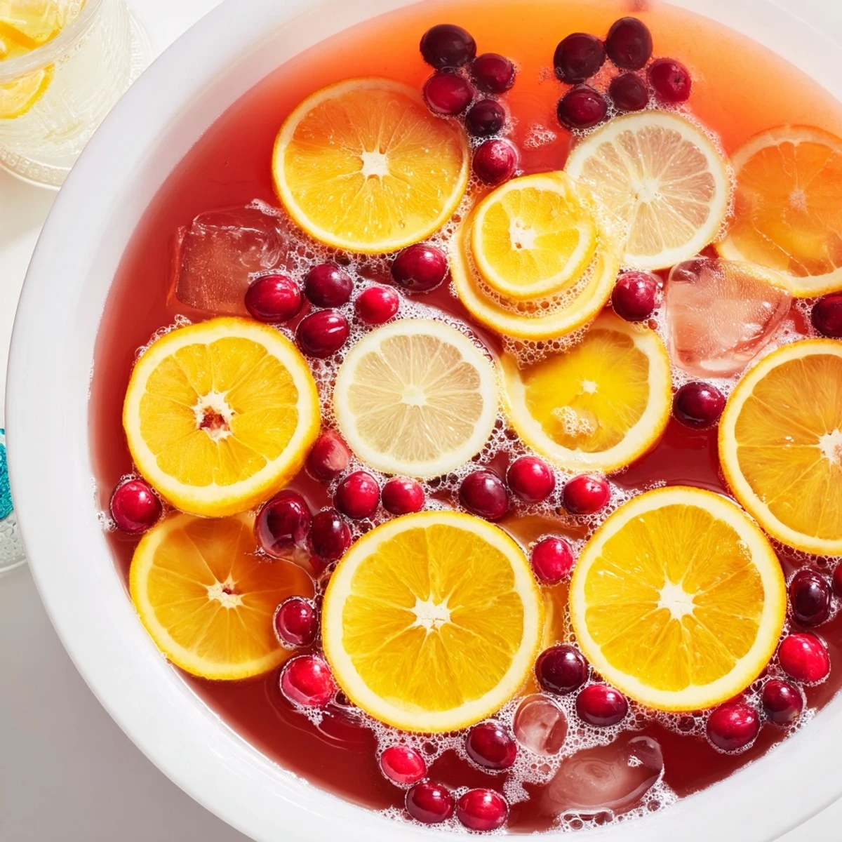 Quick Holiday Punch with Ice Ring, garnished with vibrant cranberries and citrus fruits, refreshing for a festive occasion.