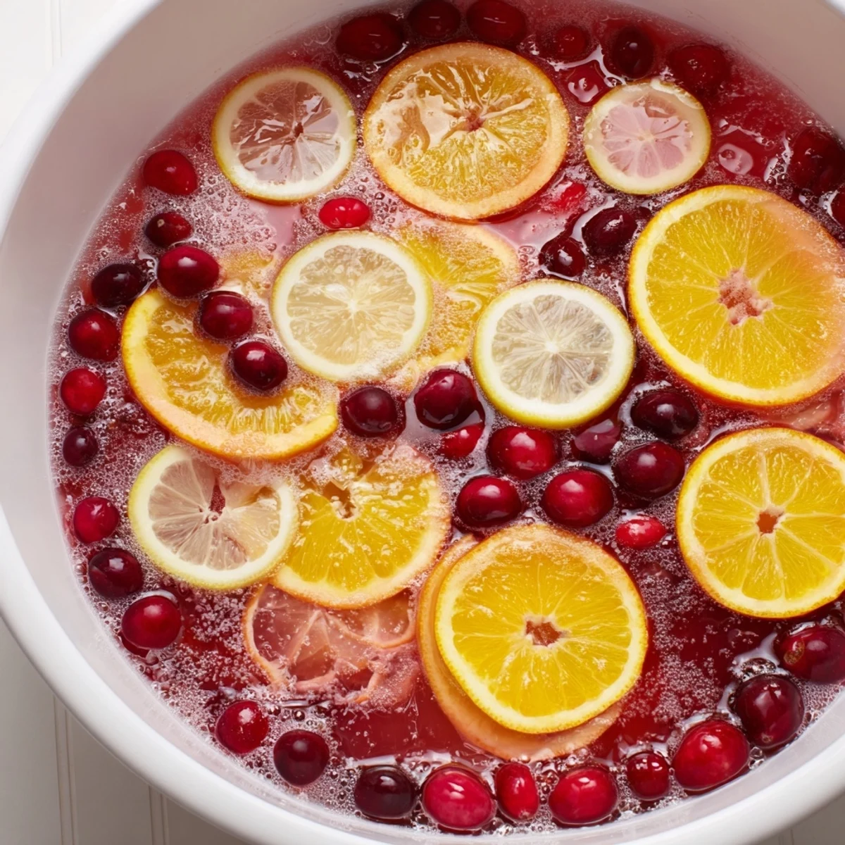 A sparkling view of the Quick Holiday Punch with Ice Ring, showing the ice ring floating in a bright red, fruity concoction.