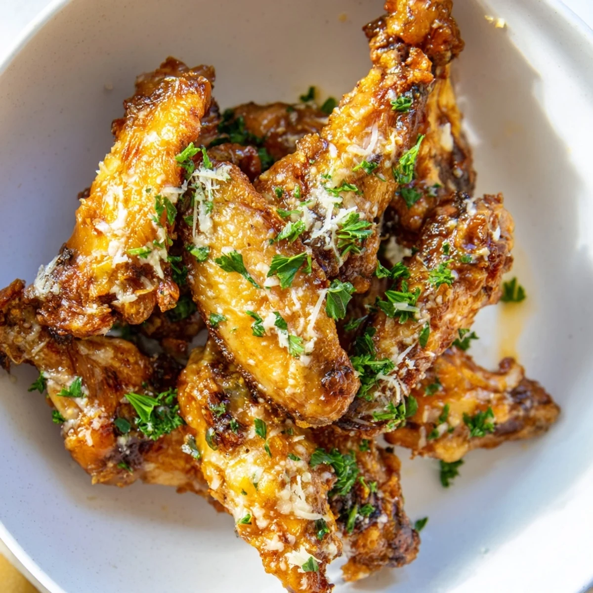 Golden brown Air Fryer Garlic-Parmesan Chicken Wings, ready to serve with extra Parmesan cheese.