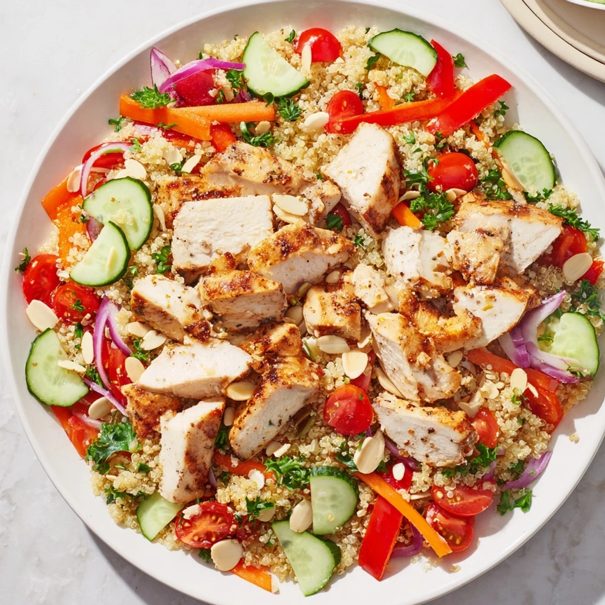 A colorful Crunchy Quinoa Chicken Salad with tender chicken, crisp veggies, and a tangy dressing.