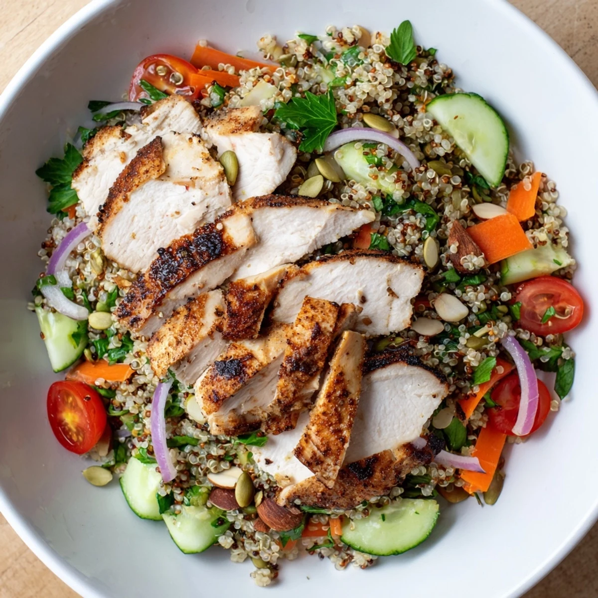 Freshly assembled Crunchy Quinoa Chicken Salad, showcasing the juicy chicken and crunchy toppings.