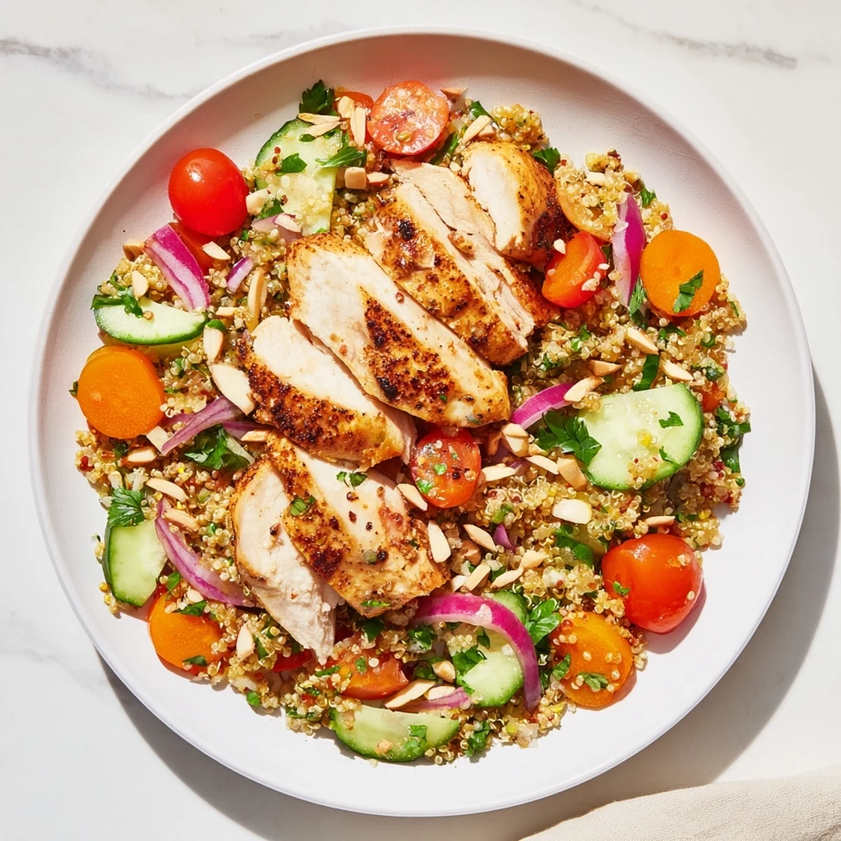 Close-up of a delightful bowl of Crunchy Quinoa Chicken Salad, a healthy and satisfying meal option.