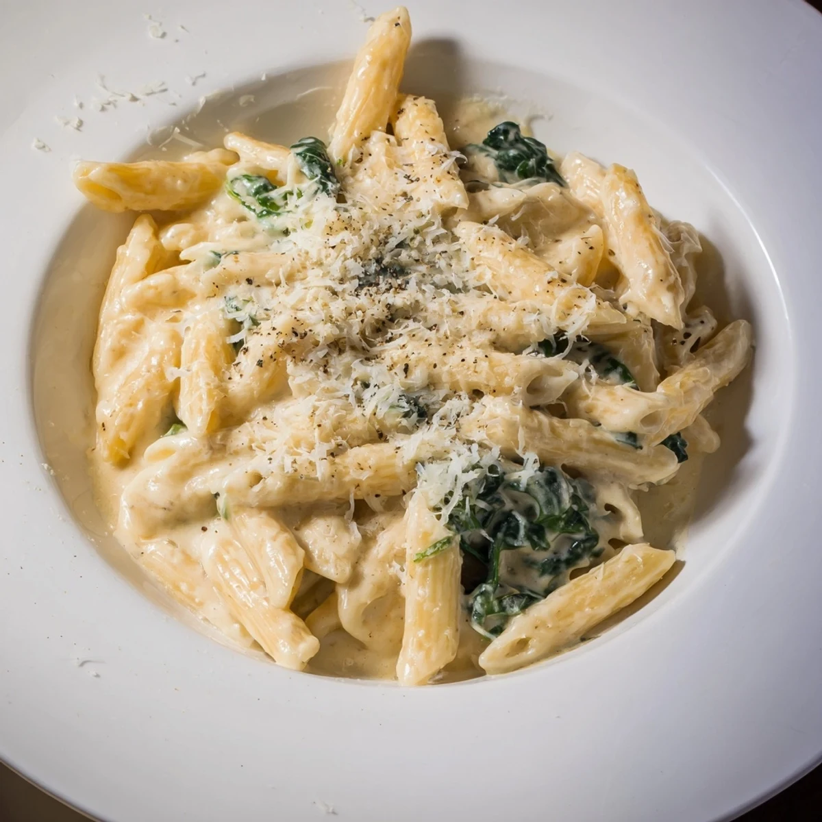Cottage Cheese Creamy Spinach Pasta, a hearty dish with vibrant green spinach and creamy sauce.