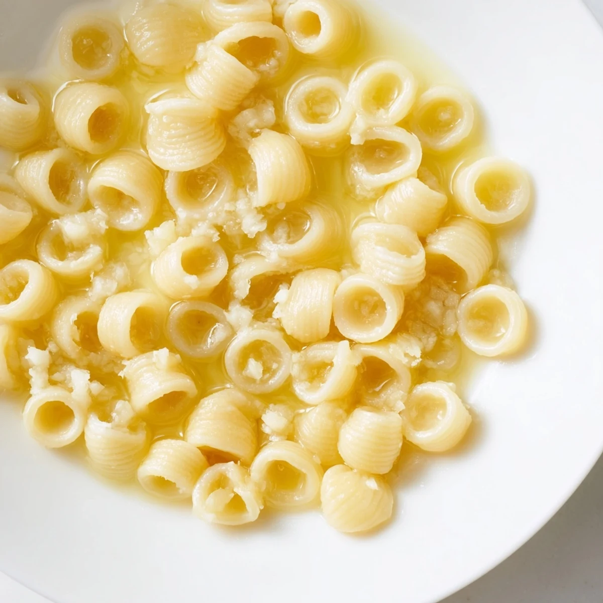 A close-up of steaming 3-Ingredient Butter & Garlic Ditalini, a simple Italian-inspired comfort dish.