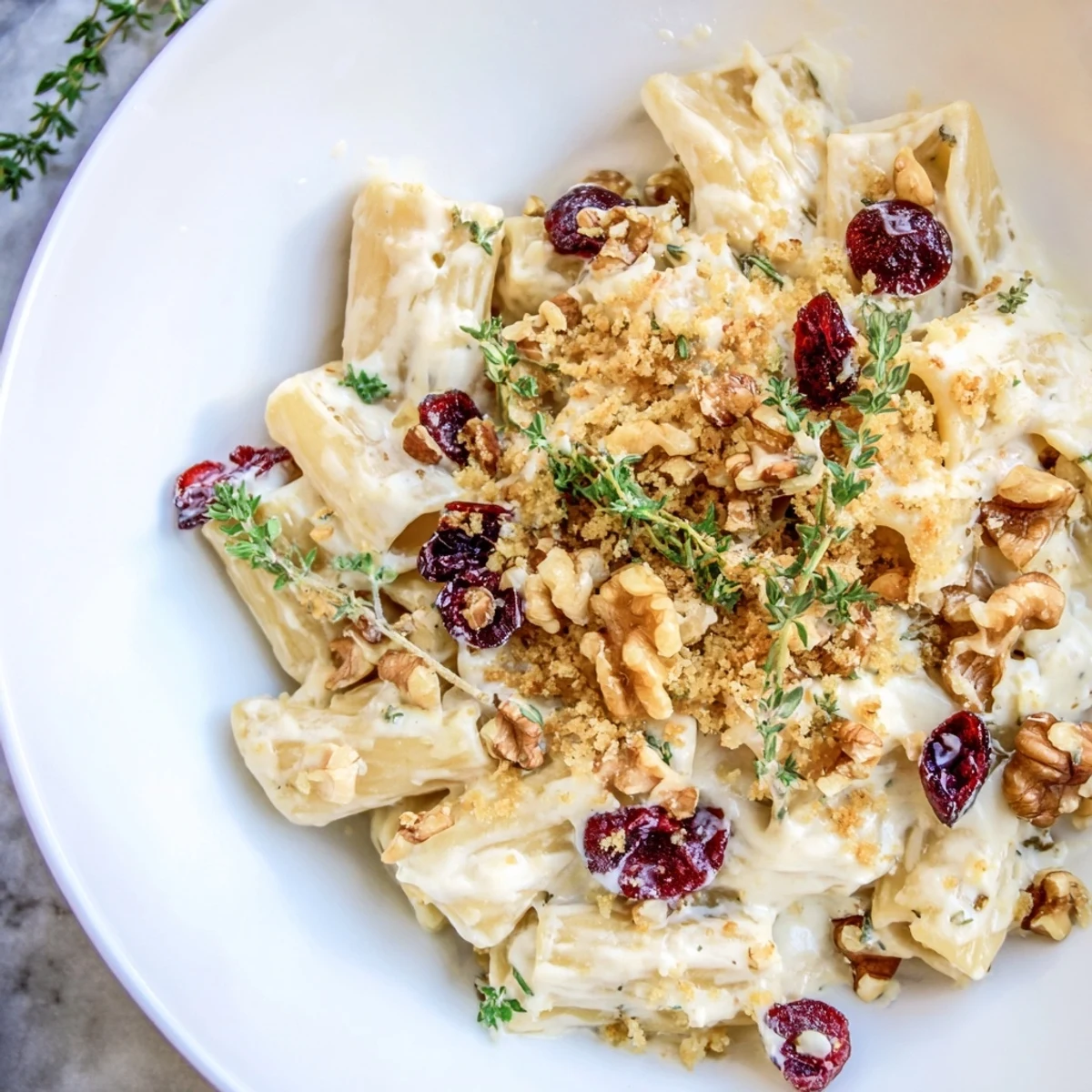 Creamy Cranberry and Brie Tartlet Pasta, topped with golden breadcrumbs and fresh herbs.
