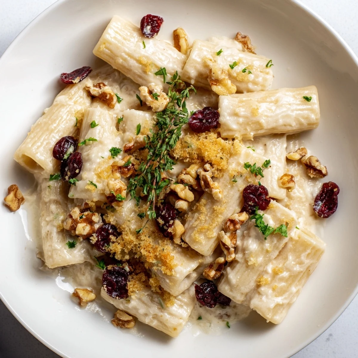 This comforting Cranberry and Brie Tartlet Pasta showcases vibrant red cranberries within a rich, cheesy sauce.