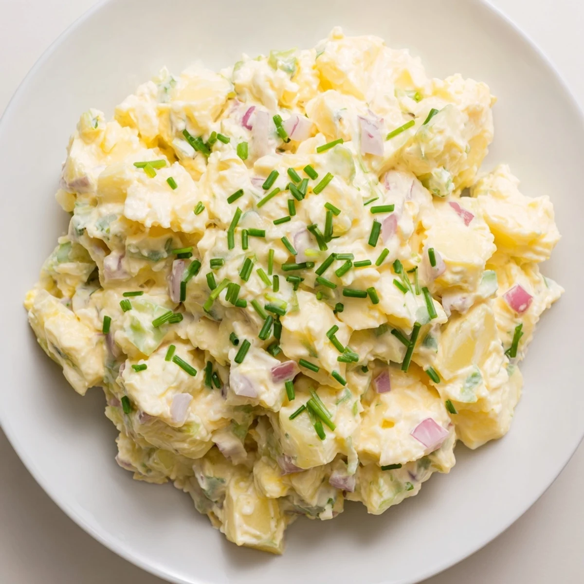 A bowl of vibrant Chopped Egg and Potato Salad, ready to be enjoyed as a refreshing side dish.