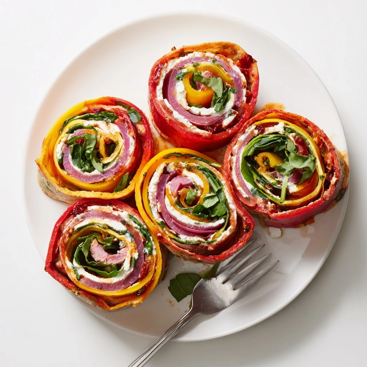 A colorful spiral of Roasted Veggie & Feta Santa Wrap with roasted vegetables and feta cheese.