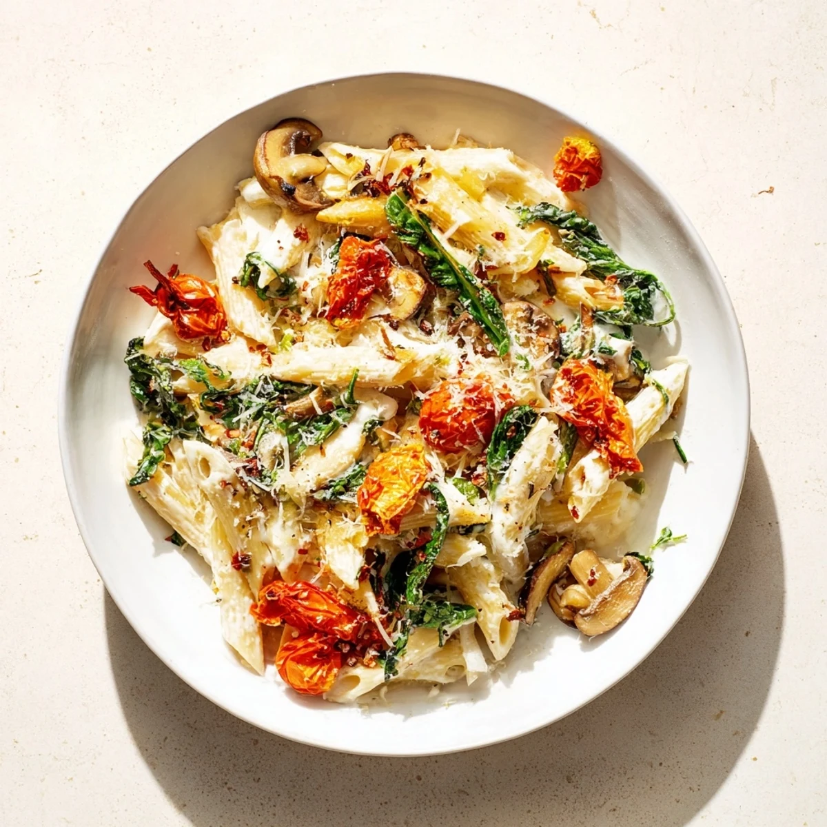 Vibrant photo showing the finished Creamy Sun-Dried Tomato Mushroom Penne Skillet, a family favorite.