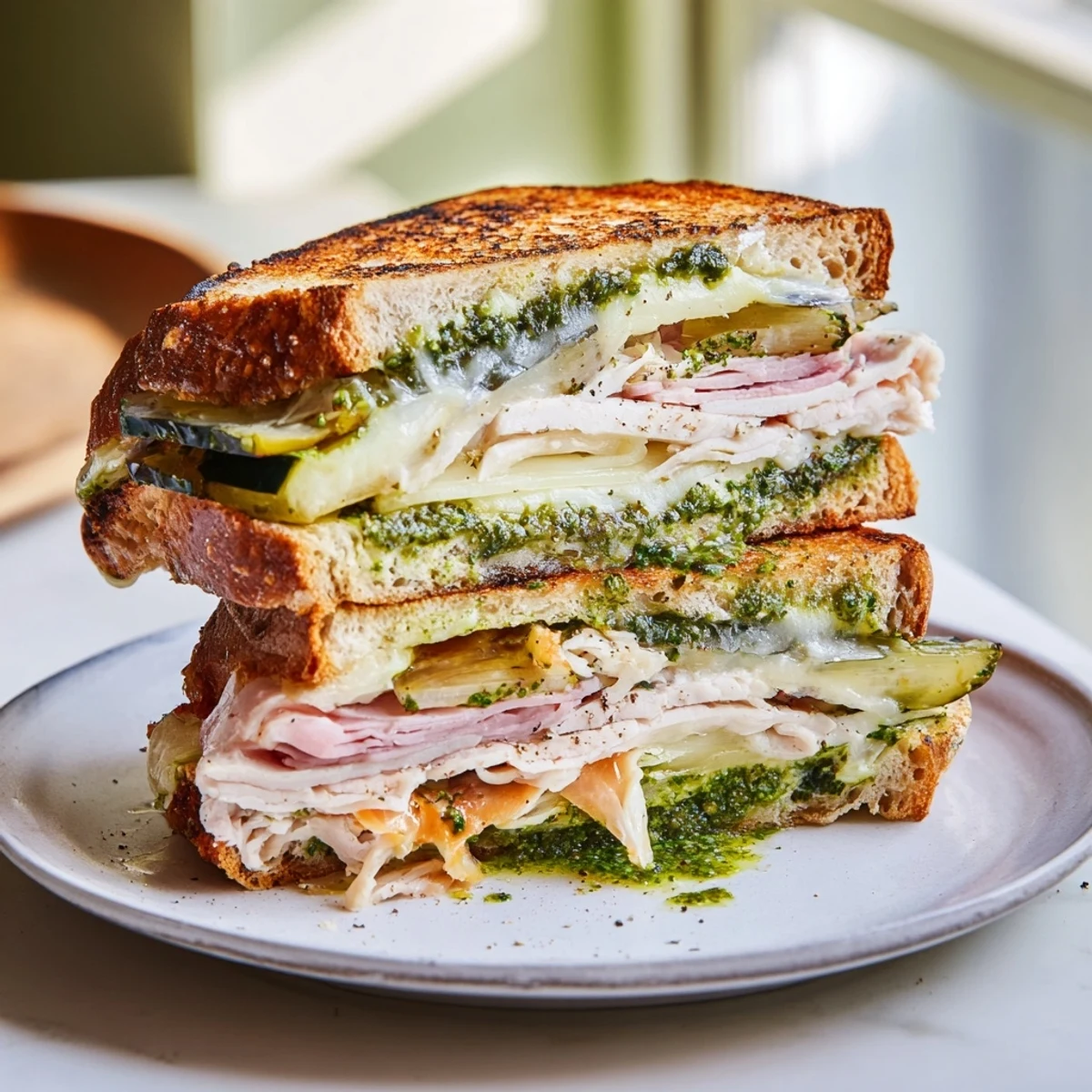 Golden grilled Pesto Turkey Zucchini Grilled Cheese Stacks, oozing melted cheese and fresh pesto.