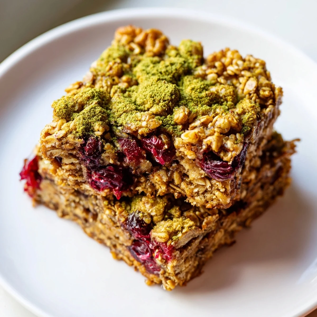 Close-up of baked Matcha Cranberry Oat Crumble Bars, showing a flavorful oat crumble topping.