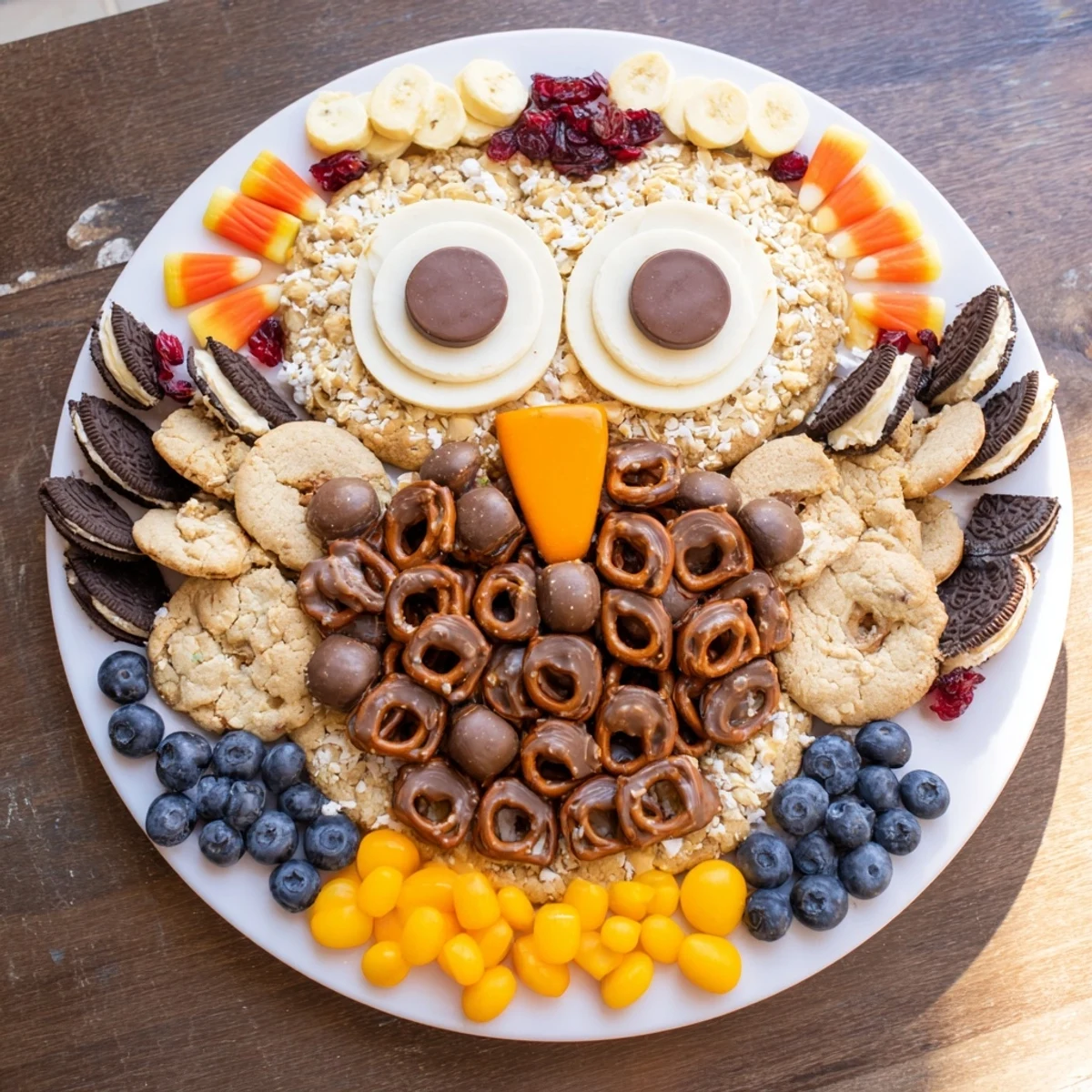 A delightfully arranged Owl Hooting Dessert Board, filled with sweet treats and festive colors.