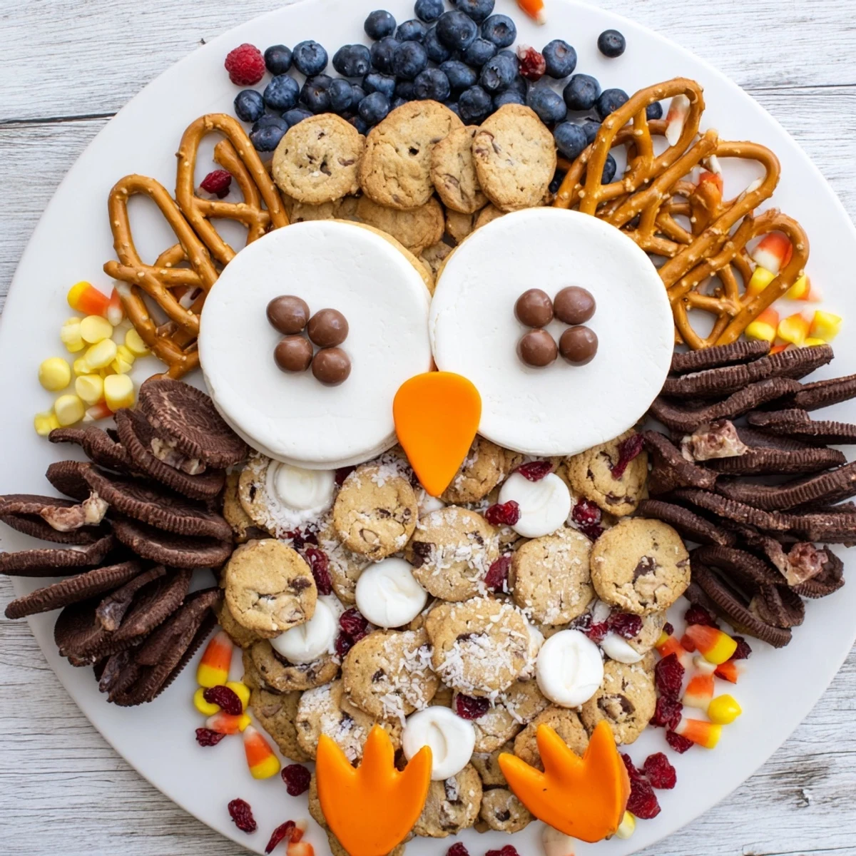 This Owl Hooting Dessert Board presents a whimsical arrangement of cookies, fruit, and dips for all.