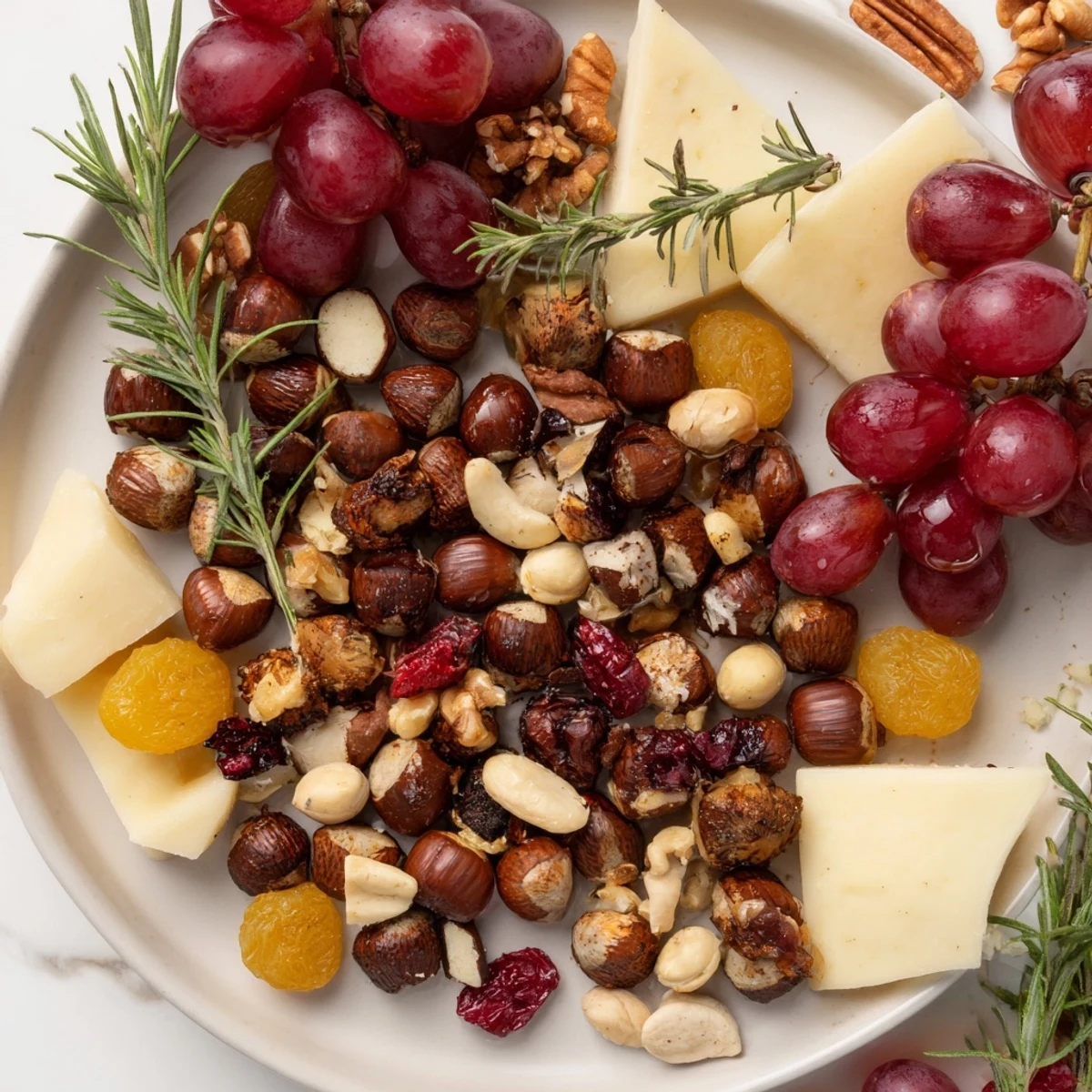 A beautifully arranged Squirrels Acorn Hoard Platter with roasted acorns, nuts, and fresh apple slices.
