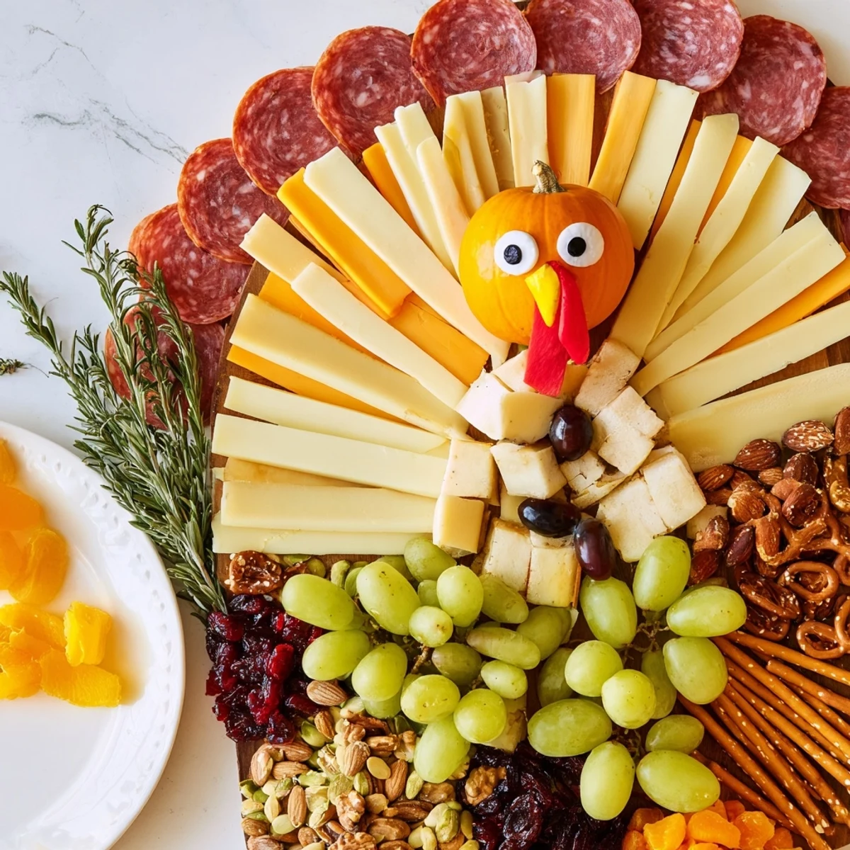 A beautifully arranged Wheat Field Thanksgiving Turkey Board loaded with cheese, meats, and fruit.
