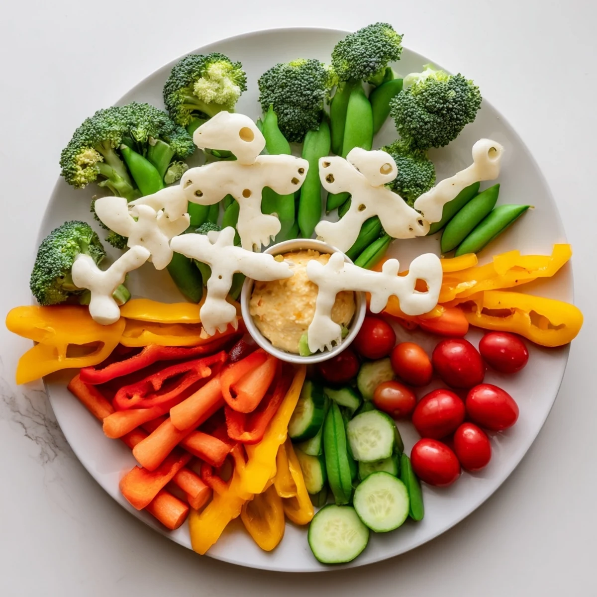 Kid-friendly Dino-Mite Dinosaur Fossil Crudités, a healthy and delightful veggie appetizer for any celebration.