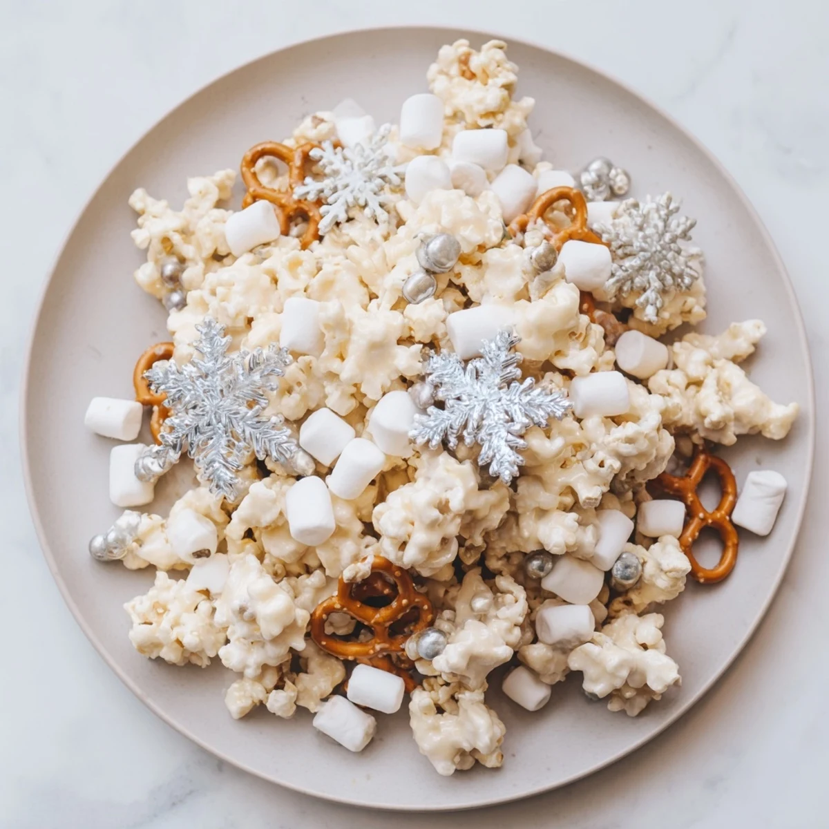 Image of glistening Ski Season Snowflake Snack Mix, perfect for a cozy après-ski treat.