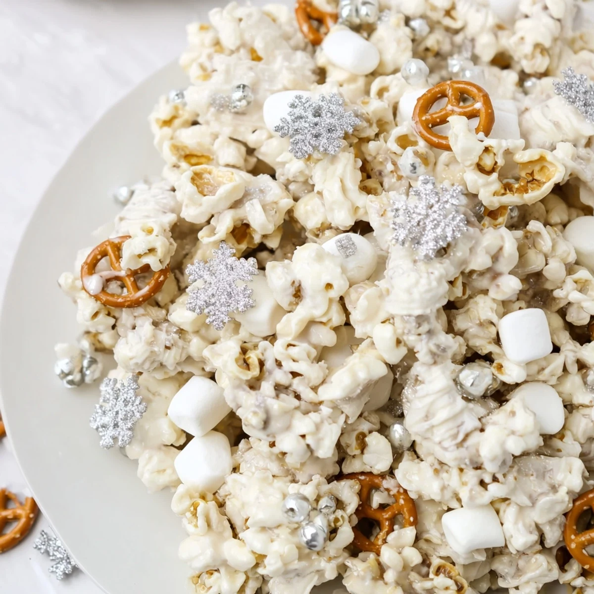 Homemade Ski Season Snowflake Snack Mix with white chocolate, snowflake sprinkles, and crunchy pretzels.