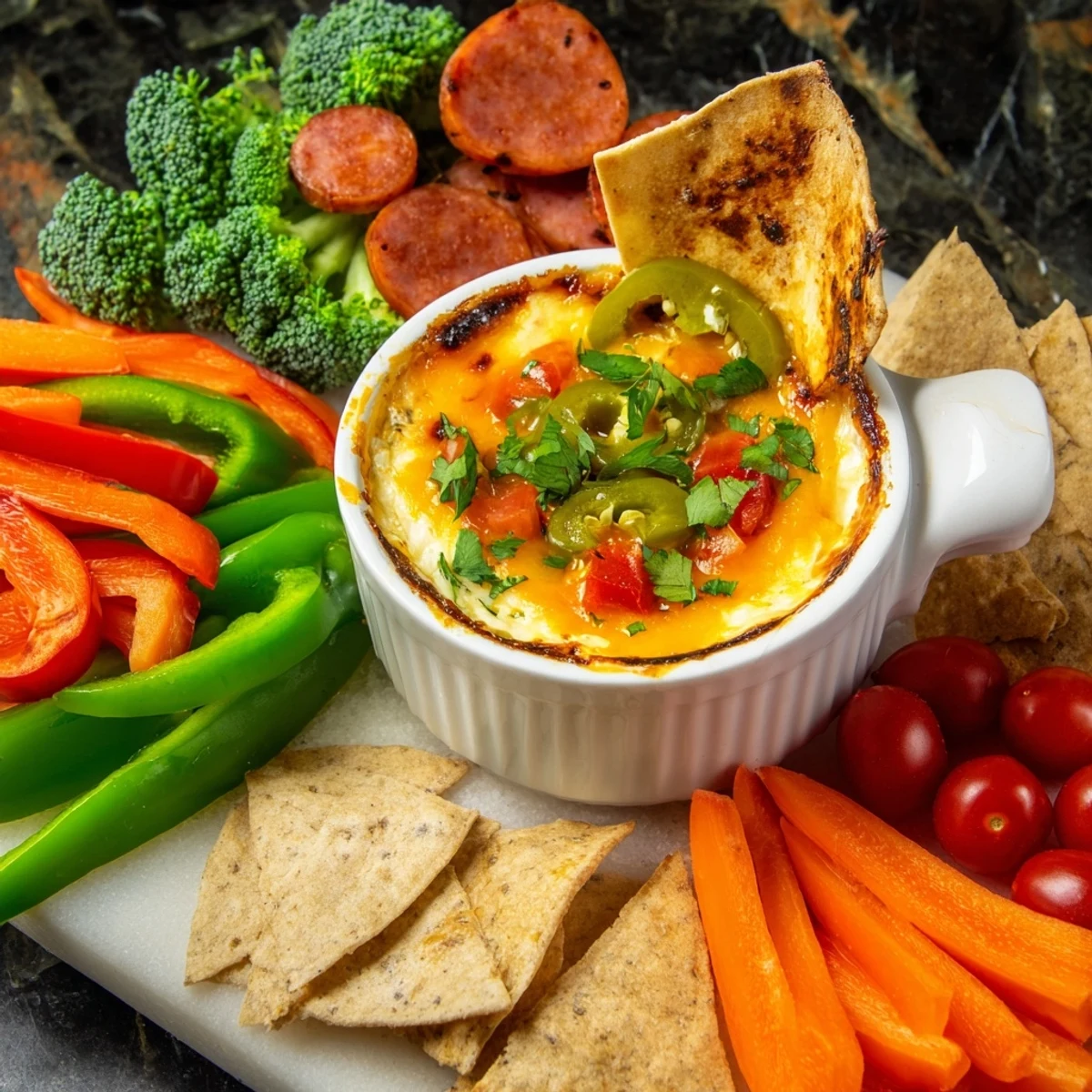 Molten Lava Flow Volcano Dip Platter spilling with bubbling cheese, surrounded by fresh colorful dippers.
