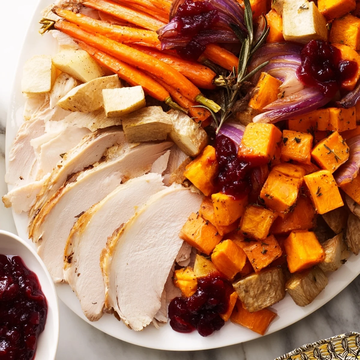 Vibrant Harvest Turkey Platter featuring juicy sliced turkey, tender roasted veggies, and cranberry sauce.