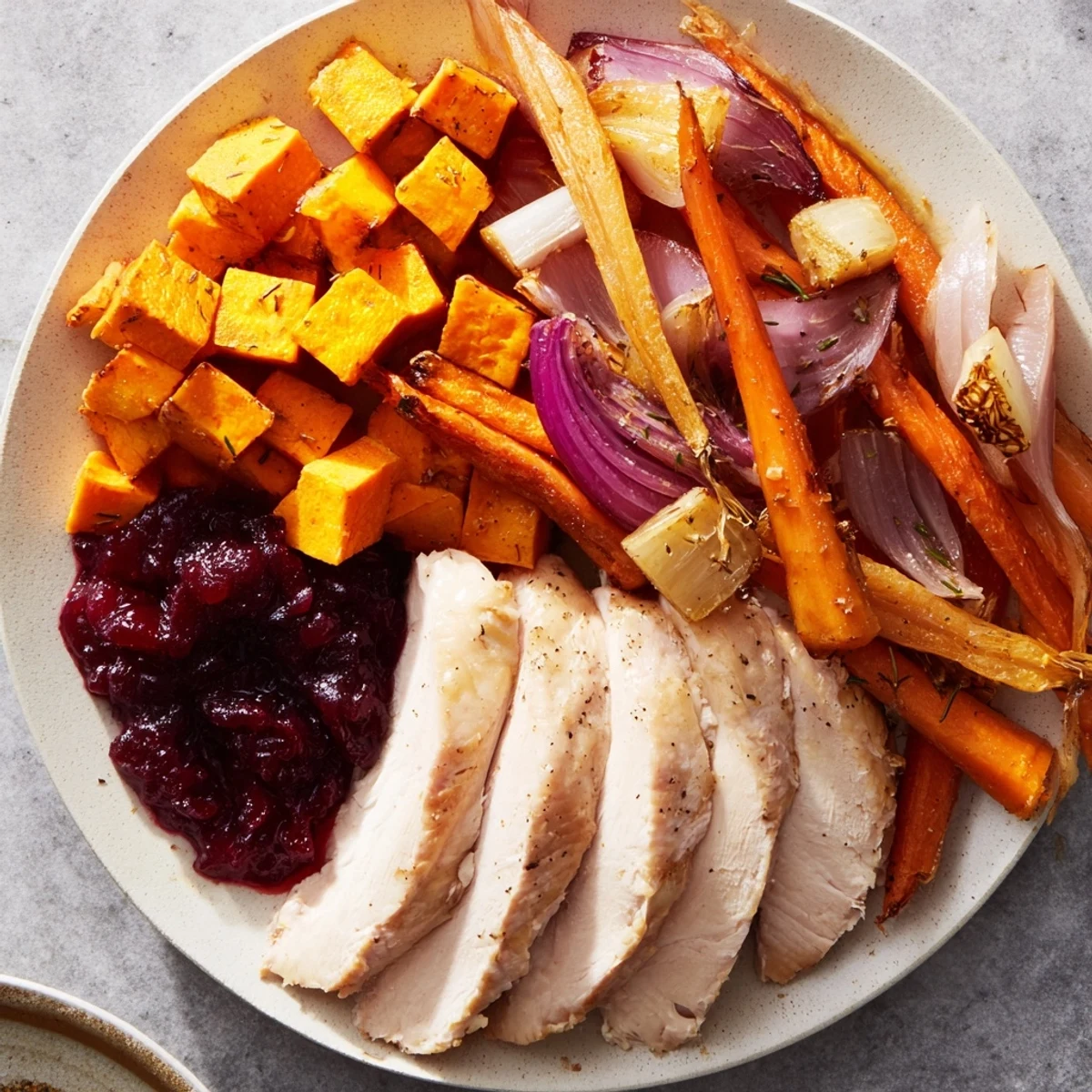 Golden-brown, delicious Harvest Turkey Platter served with a sweet and tangy cranberry-orange sauce.