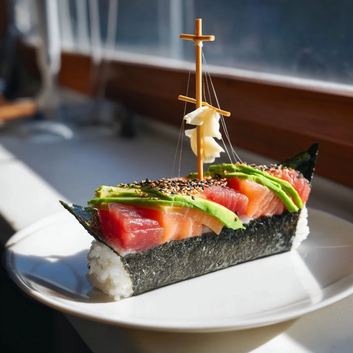 Vibrant sushi sailboats at sea, featuring colorful fish, vegetables, and rice, ready to eat for an appetizer.