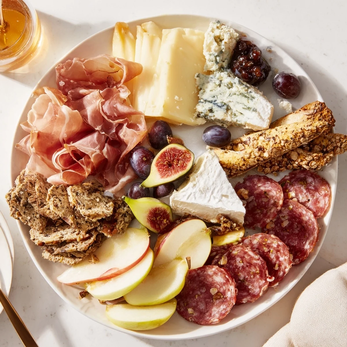 This beautiful Wine & Food Pairing Platter includes colorful fruits, creamy cheeses, and savory meats, ready to be enjoyed.