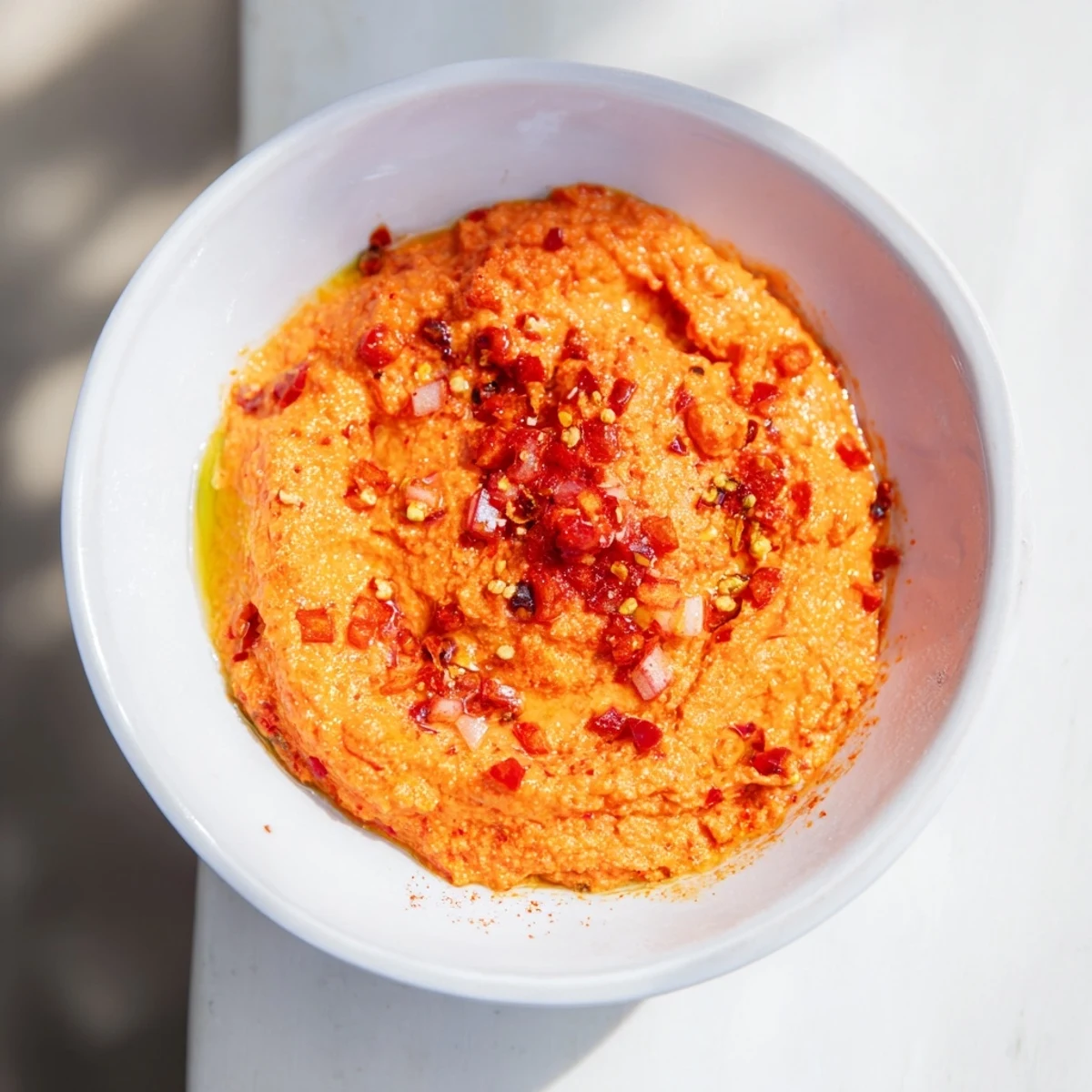 Vibrant orange Volcanic Lava Spicy Dip with a swirl, ready to be scooped up with pita chips.