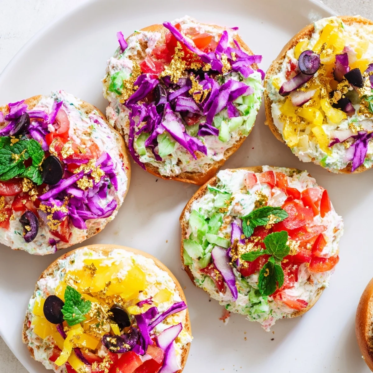 Colorful Olympic Rings Medal appetizer featuring mini bagels with vibrant toppings for a party.