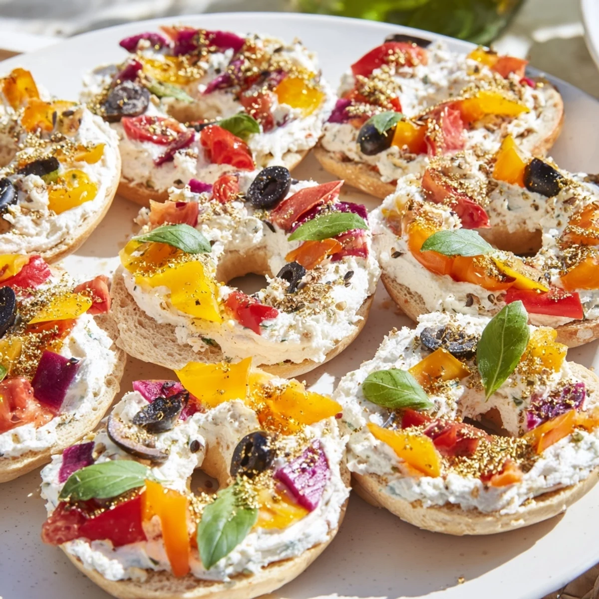 Vivid image of the Olympic Rings Medal appetizer; a delicious bagel spread for easy entertaining.